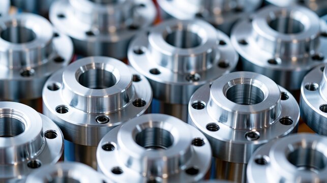 Precision machined metal flanges and cylinders arranged in a detailed industrial background