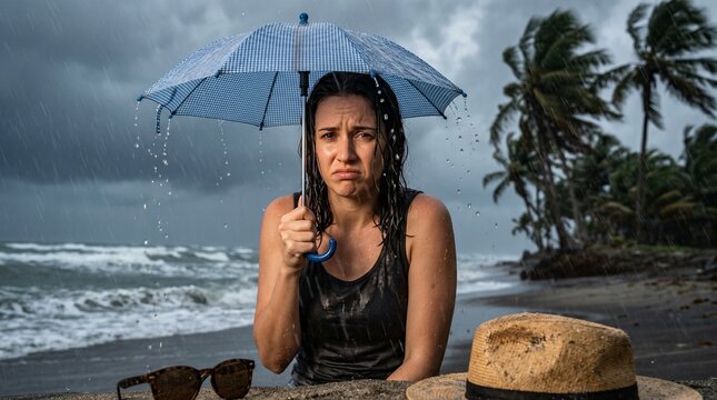 A disappointed woman under an umbrella on a rainy beach depicts Vacation stress, illustrating expectations versus reality.