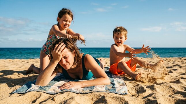 An exhausted mother lying on the sand while children play wildly depicts Vacation stress on family holidays.