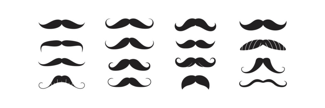 Mustache silhouettes collection set featuring classic modern curly handlebar and vintage black mustache icons isolated on white background
