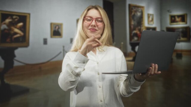 Woman holding laptop and pointing finger at screen in a museum building with framed paintings and stanchions; approval confidence.