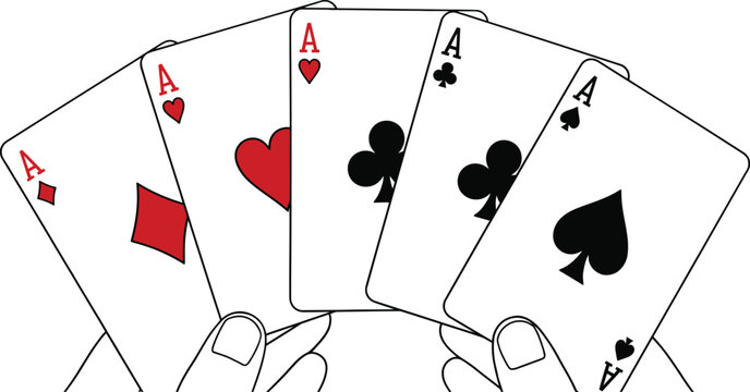 Hand holding four aces playing cards isolated on white background