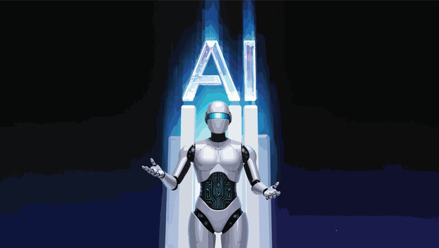 Humanoid robot emerging from glowing ai symbol in dark futuristic setting.