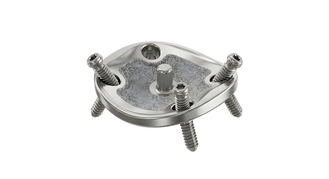 High-Resolution 3D Render of a Shoulder Glenoid Baseplate Medical Implant with Screws Isolated on White