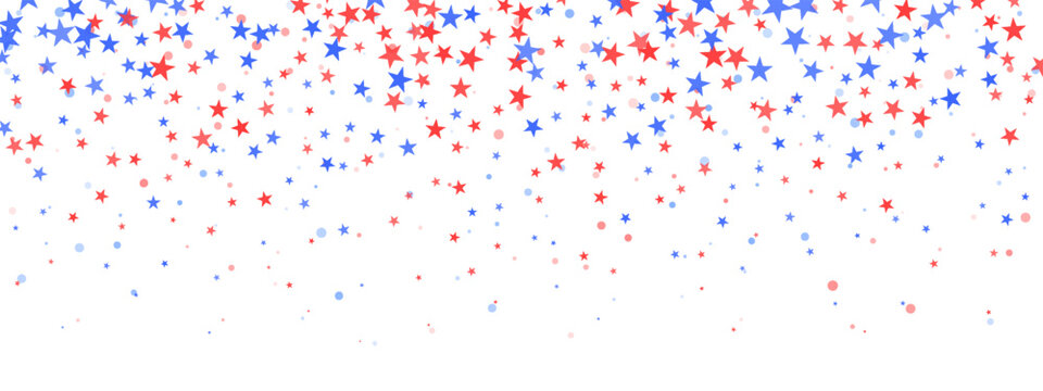 American flag stars and confetti pattern on patriotic background. Red, white and blue July 4th celebration design with sparkle effects for Independence Day banner.