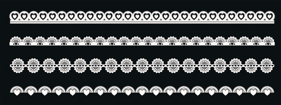 Feminine crochet trim with scalloped edges, delicate ribbons, vintage ornaments, cute hearts, decorative stripes, pastel embroidery, and elegant eyelet details.