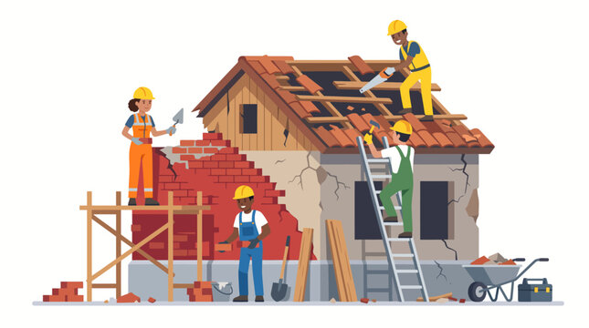 Construction workers building a house with scaffolding and tools
