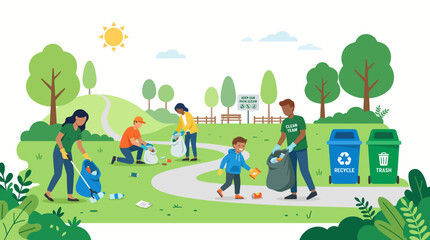 Obraz premium Volunteers cleaning park and recycling trash on a sunny day