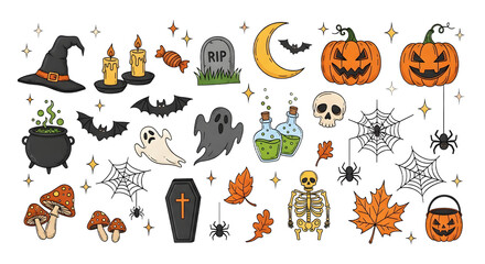 Fototapeta premium Set of handdrawn halloween elements including pumpkins, ghosts, bats, and spooky decorations isolated on transparent background