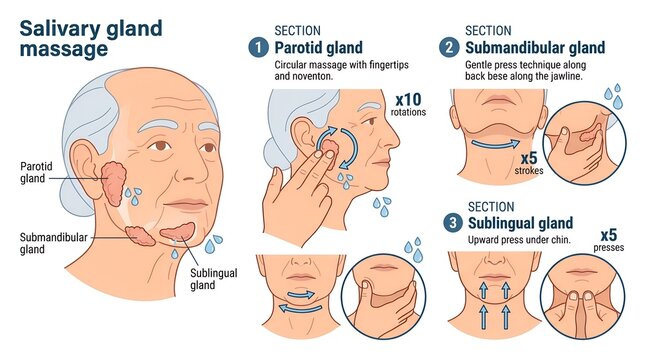 Salivary gland massage technique - 3 locations parotid submandibular sublingual glands for elderly oral care