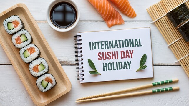 International Sushi Day holiday notebook with salmon maki rolls on bamboo mat flat lay