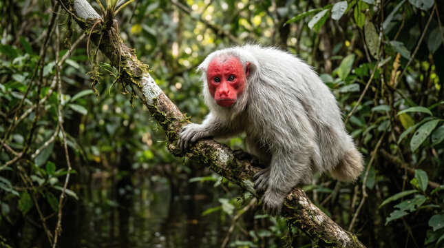 Rare Bald Uakari monkey Cacajao calvus in the Amazon rainforest.