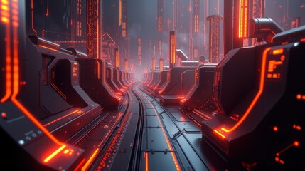 Fototapeta premium Futuristic corridor glows with vibrant red neon lights. Complex metallic structures line long passage, creating immersive scifi scene.