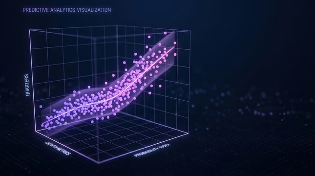 3d scatter plot visualization of predictive analytics data with purple dots on a grid background