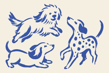 Fototapeta na wymiar Dogs in Different Poses Brush Sketch Set Vector