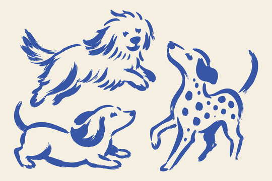Dogs in Different Poses Brush Sketch Set Vector