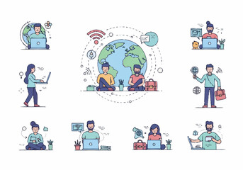 Fototapeta premium Diverse people working remotely around the globe with laptops and technology.