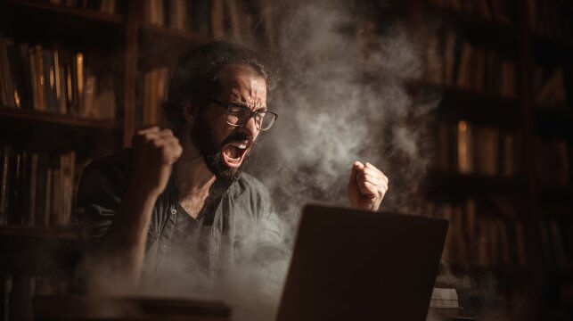 Man with glasses screams in frustration while looking at a laptop screen in a dark library.