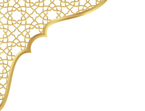 Elegant Gold Islamic Arabesque Pattern Border Design on White Background, Decorative Frame for Ramadan Kareem, Eid Mubarak Greeting Card and Invitation Template