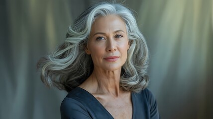 Fototapeta premium Elegant mature woman with striking silver hair and a thoughtful expression, looking into the distance.