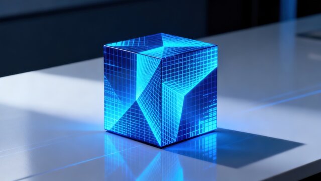 Blue glowing cube on reflective surface