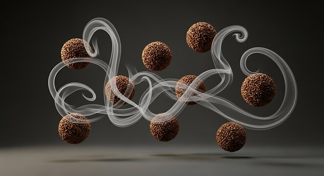 Floating ctc tea granules suspended in the air with elegant flowing white smoke against a dark studio background conceptual food product photography