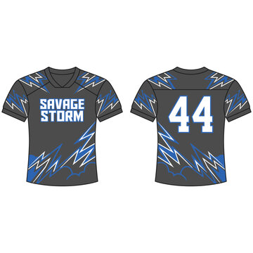 Gray and blue lightning pattern sport jersey front and back view with clothing