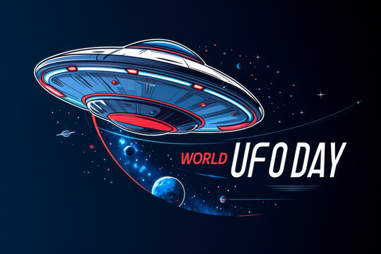 Banner poster postcard world day UFO, flying saucer spacecraft in space with planets AI Generative
