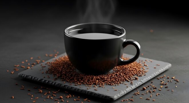 A steaming black cup of ctc tea served on a dark stone slate surrounded by scattered dried tea granules for a rustic and elegant morning drink background
