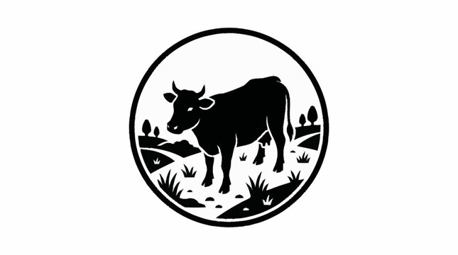 Black silhouette of a cow in a circular farm landscape emblem.