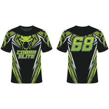 Black t shirt with neon green cobra elite graphic and number 68 on back, t shirt
