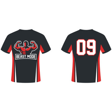 Beast mode t shirt design with stylized red bodybuilder silhouette and number