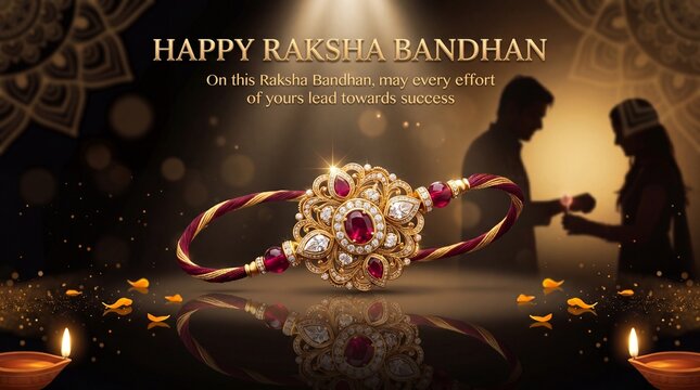 Ornate gold Raksha Bandhan bracelet with ruby and diamond embellishments displayed with silhouetted siblings and diya lamps