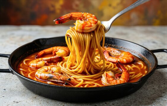 Fideua with cooked shrimp and noodles arranged neatly in rustic frying pan. Concept of flavorful noodles with seafood saffron tomato stock in warm kitchen setting.