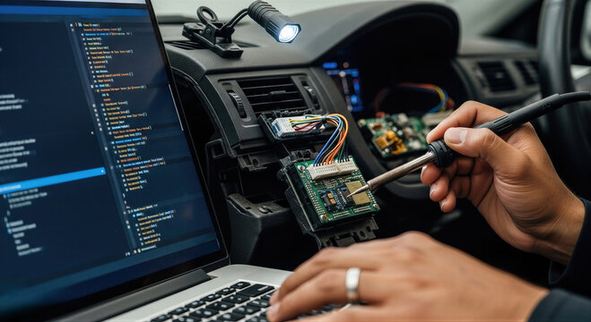 Automotive technician soldering circuit board of vehicle dashboard. Man repairing car electronics with specialized tool. Digital diagnostics software on laptop screen. Modern auto maintenance.
