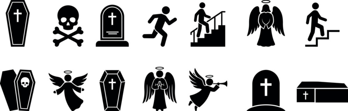 Black silhouette icons of death and spirituality