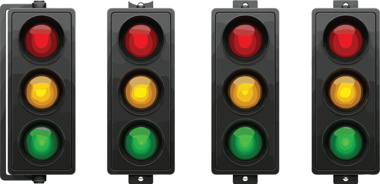Realistic traffic light vector illustration set with red yellow green signals isolated on white background
