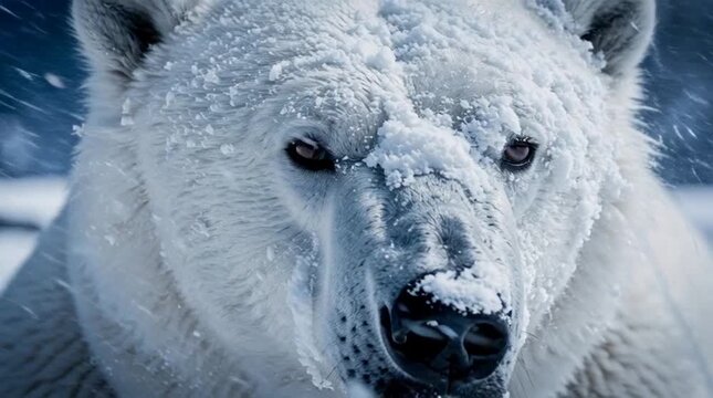 Extreme Cinematic Close-up Portrait of a Massive Polar Bear Covered in Snow in its Arctic Winter Habitat