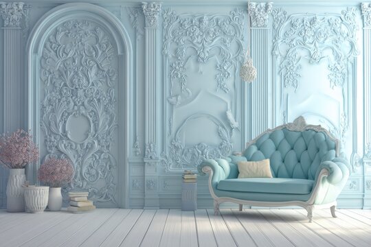 Elegant Blue Vintage Sofa in a Luxurious Room with Ornate Wall Decor