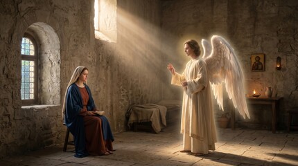 Naklejka premium Angel Gabriel appearing to young woman Mary in room. Biblical scene depicting Annunciation. Divine light shining on holy figures. Traditional religious art for church worship and theology.