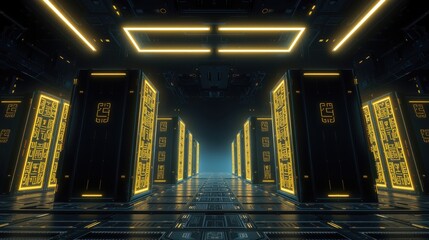 Fototapeta premium Futuristic corridor. Glowing yellow lines illuminate dark metallic walls. Symmetry creates depth, hinting at vast complex structure.