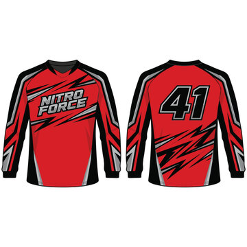 Custom long sleeve racing jersey front and back view with sharp red graphics