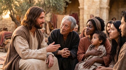 Obraz premium Jesus talking to a diverse group of people including an asian old man, an african american woman, a child, and a young woman. Biblical scenery and story. Religious gathering and teaching.