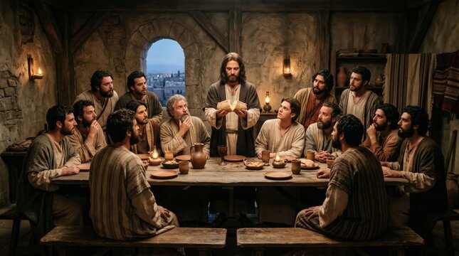 Jesus Christ breaking bread with twelve disciples at the last supper. Religious scene of biblical feast in ancient setting. Historical Christian event for Easter and communion inspiration.