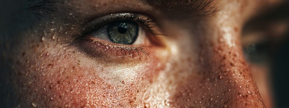 Detailed Portrait of a Sweaty Human Face Capturing Raw Emotions and Textures in Natural Light