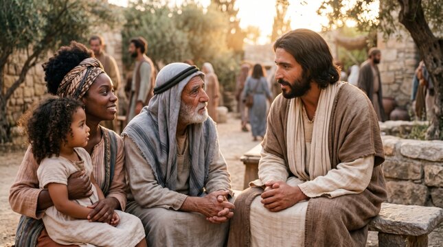 Jesus Christ talking with an elderly man, a woman and a child in a biblical village. Religious scene depicting conversation and teaching. Catholic concept for spiritual inspiration.