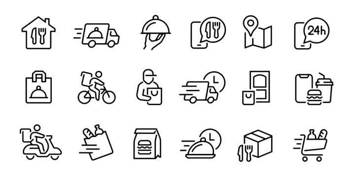 Food delivery icon set. Line web icons collection of fast delivery, courier, home delivery, scooter and bicycle delivery, food box and bag. Vector illustration.