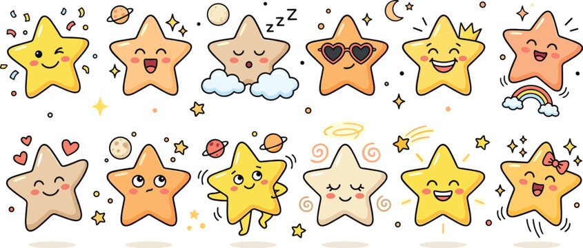 Cute yellow and orange star character vector set with various facial expressions and space elements for kids nursery decor and sticker design