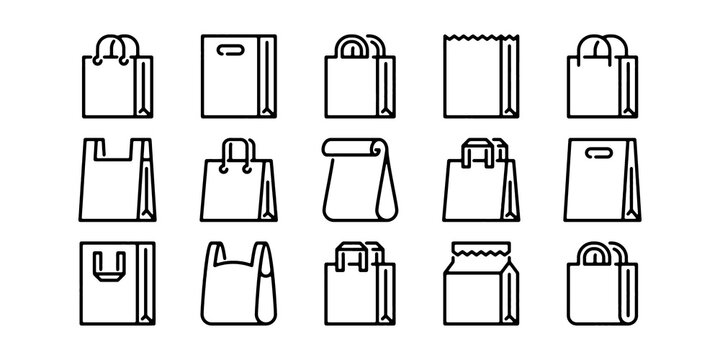 Shopping bag icon set. line and outline vector collection of paper market bags, grocery and retail shopping icon for ecommerce and supermarket.