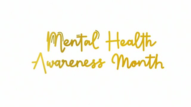 Mental health awareness month One line continuous animated typography intro outro animation video, hand drawn calligraphy lettering monoline vintage text line art golden type on white background bg ba